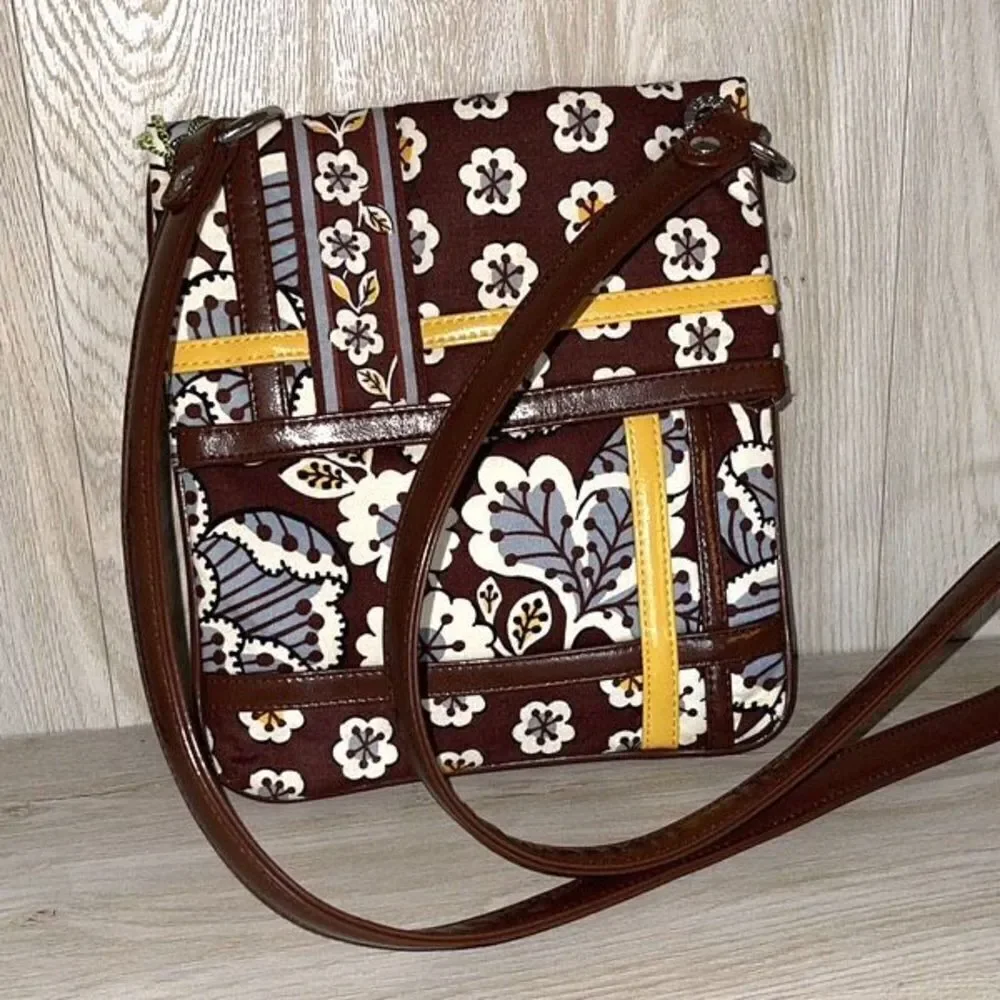 Vera Bradley Slate Blooms‎ Flipster Crossbody Bag Purse Brown & Yellow New